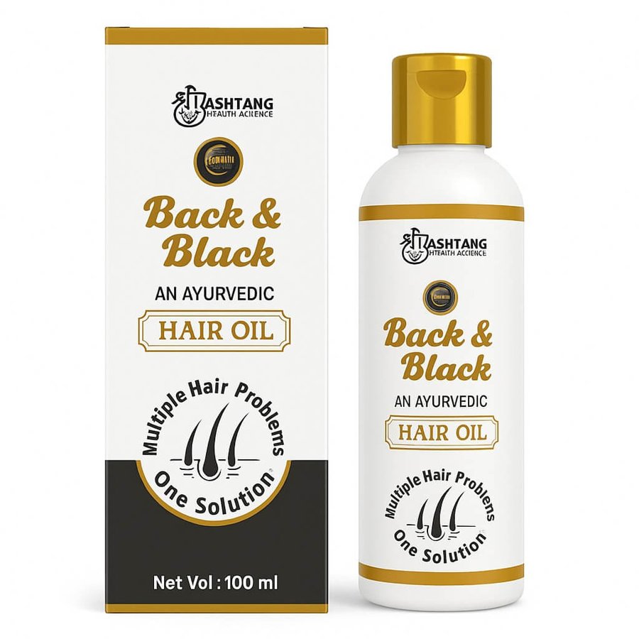 Back and Black Ayurvedic Hair Oil, bottle and box